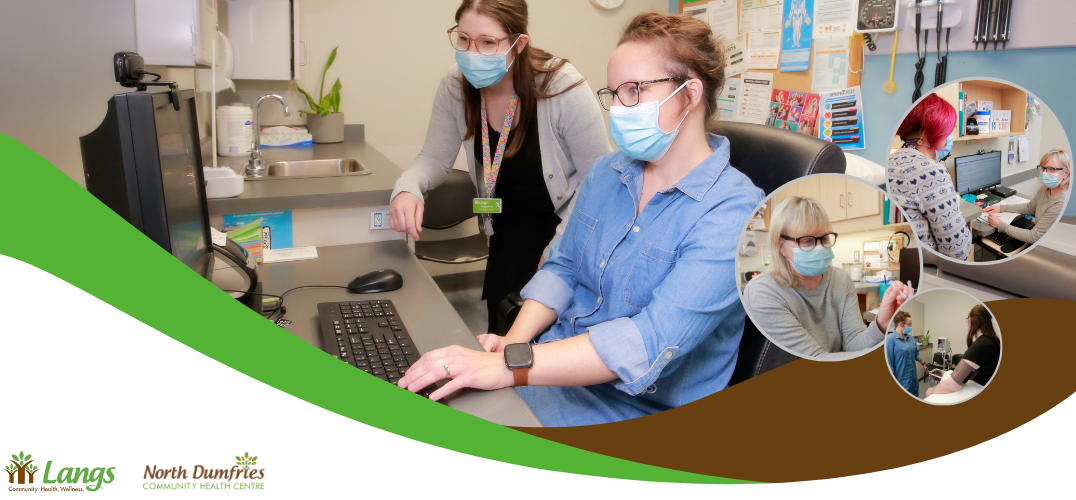 nurses at a computer station with three circles set over the image contatingin three other nurses providing care to patients